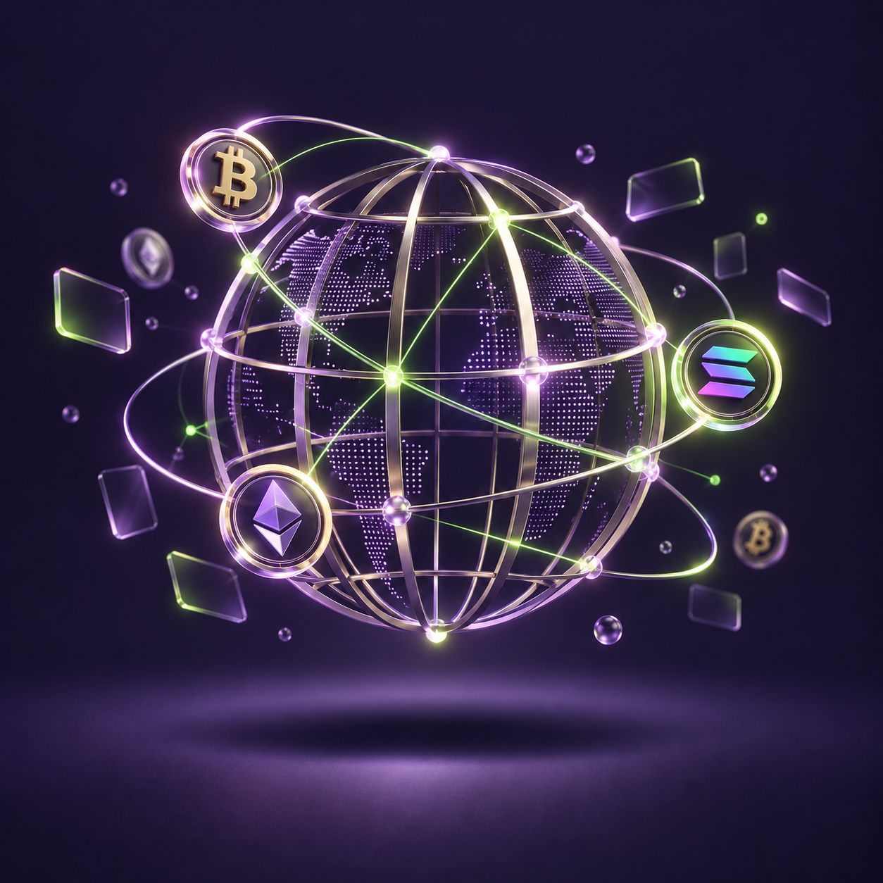 A globe linked by BTC, ETH and SOL token orbits