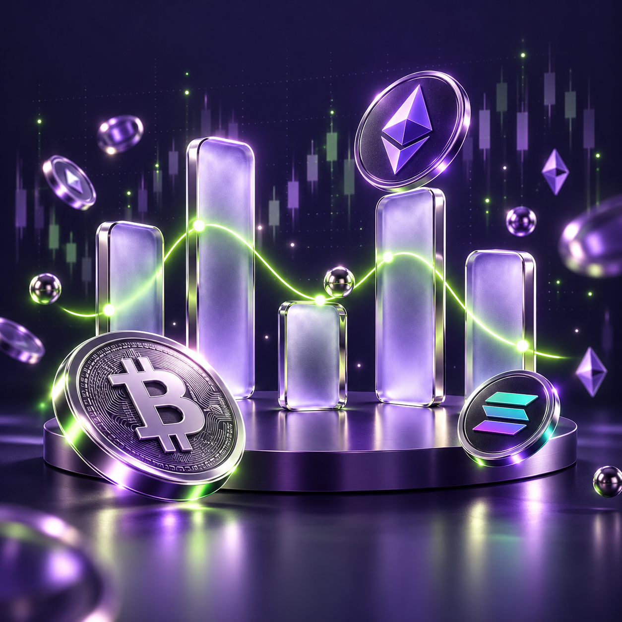 BTC, ETH and SOL coins with glass pillars and a green wave